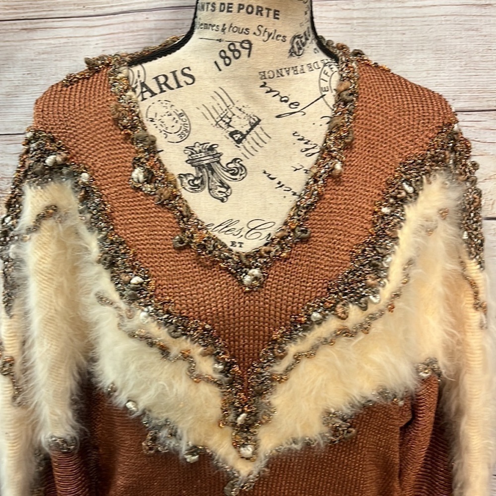 Vintage Sweater Retro 1980’s Faux Fur Metallic Ferran-Miesse Size Large - Picture 2 of 9